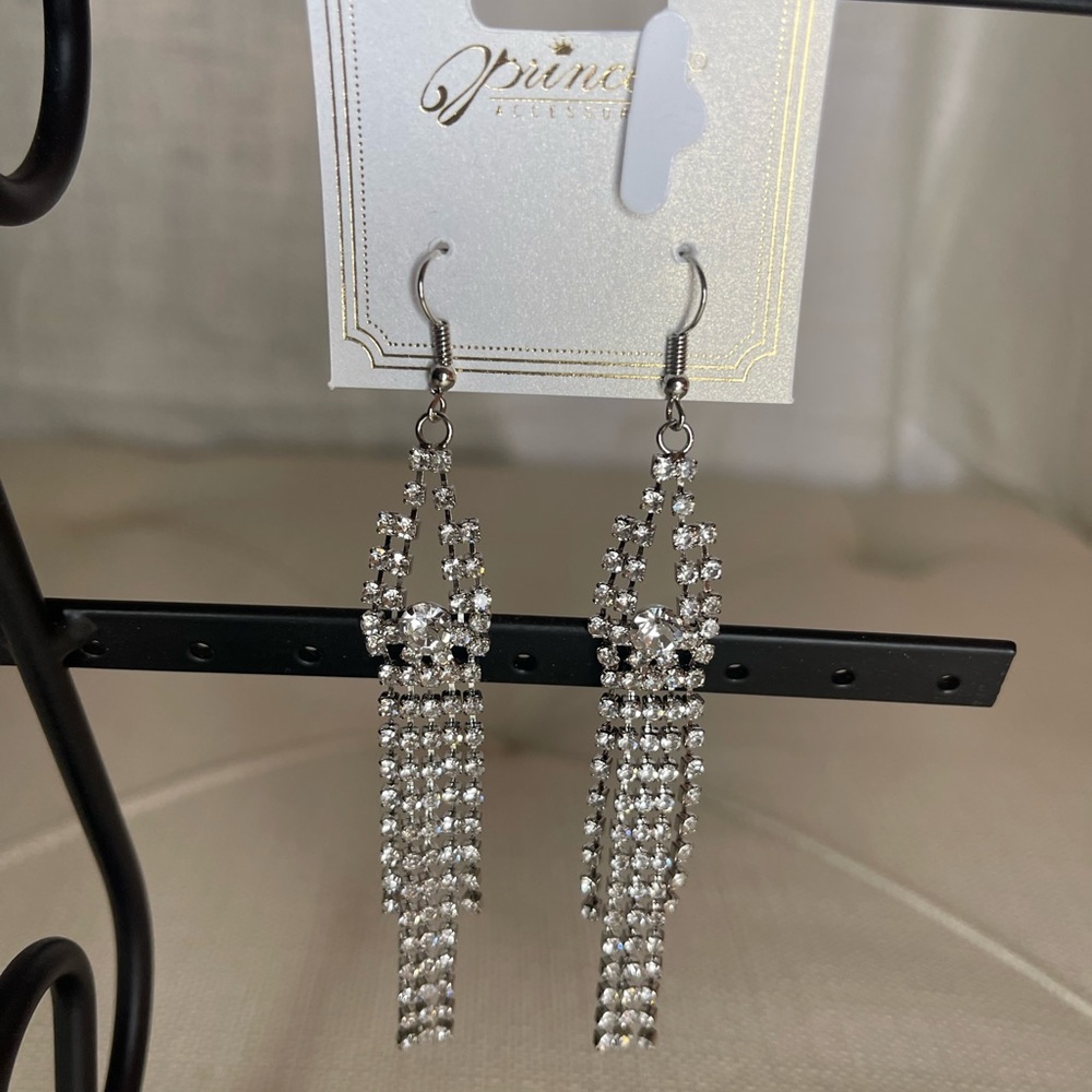 3.5 inch long Rhinestone dangle earrings with fish hook back silver in color